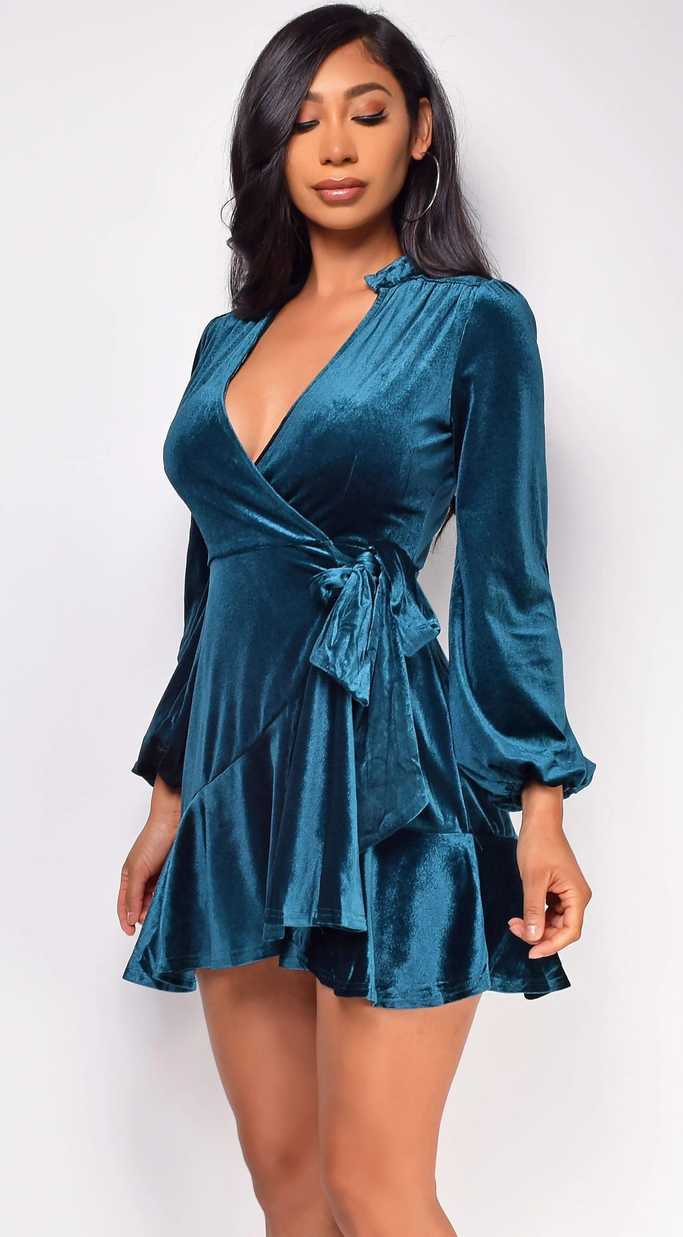 Dream Teal Blue Green Ruffled Wrap Velvet Mini Dress
